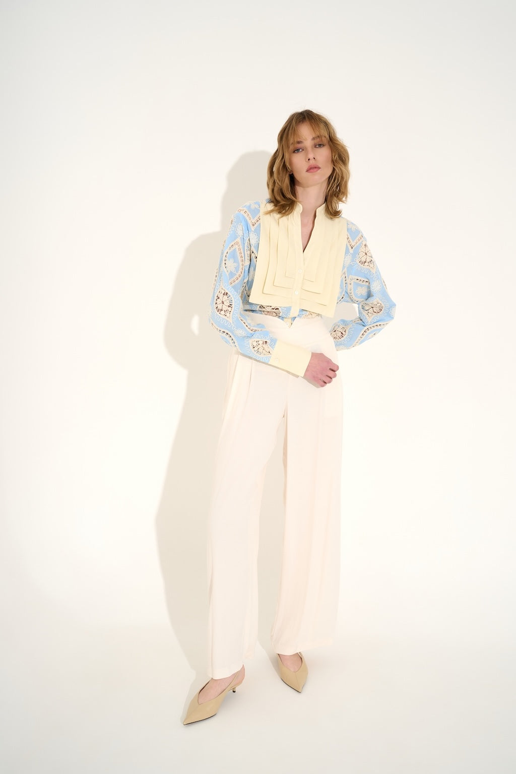Pleats Shirt Ricamata Cielo