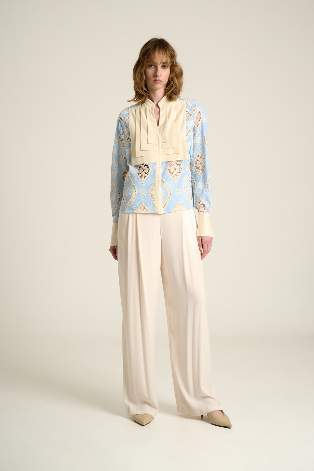 Pleats Shirt Ricamata Cielo